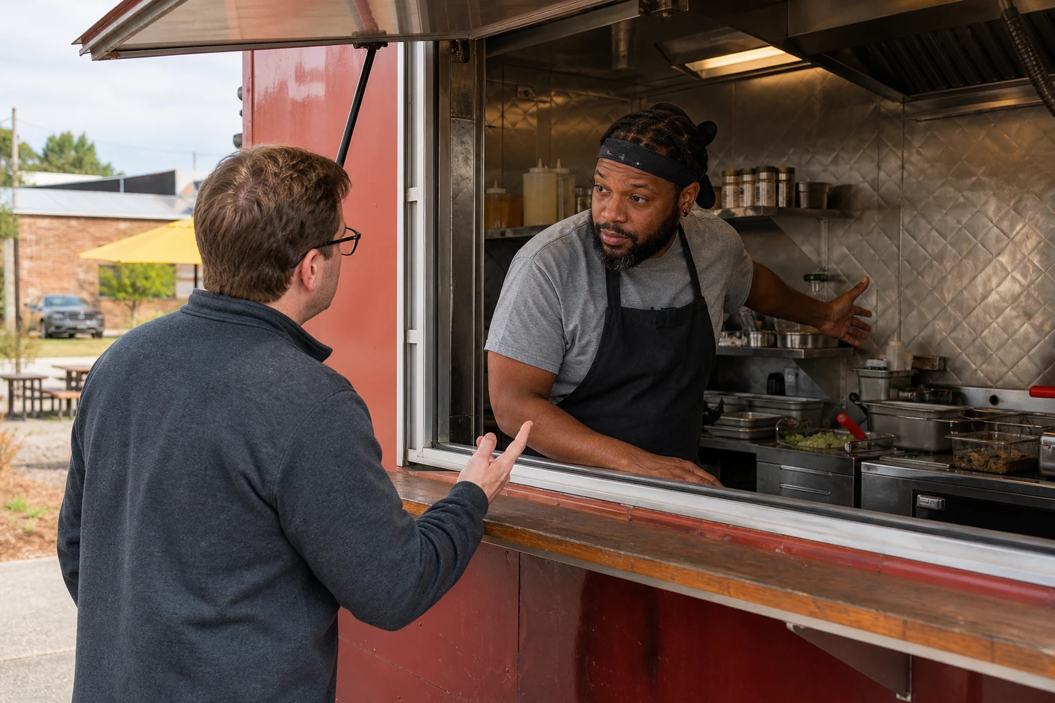 A customer and cook discussing ingredients at the open service window of a food truck