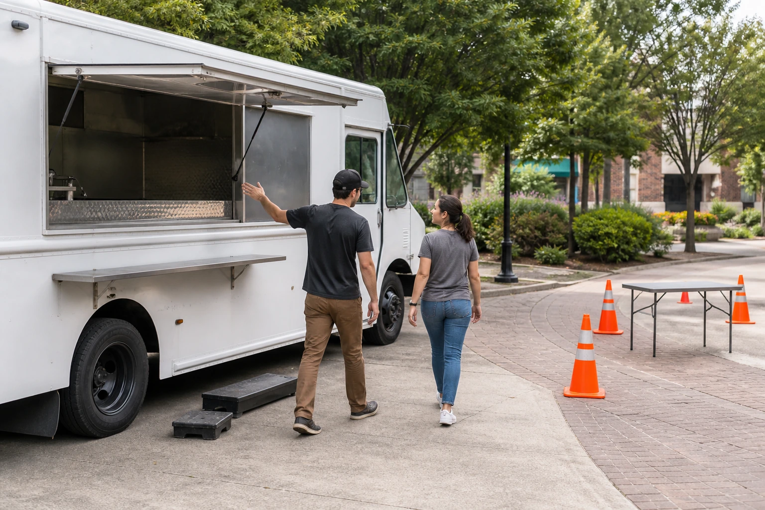 A food-truck operator and event organizer walking the service area beside a truck before guests arrive