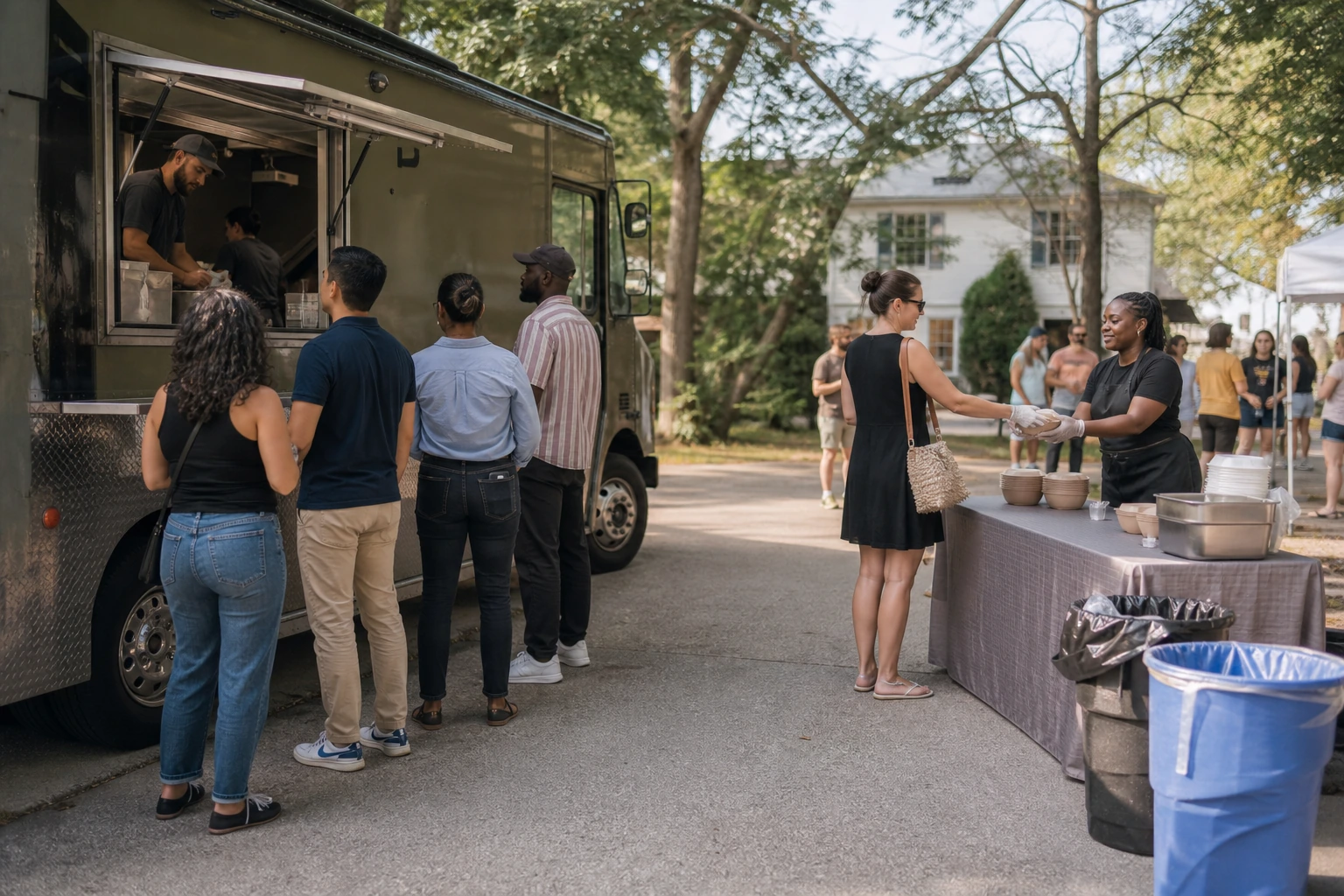 Guests ordering at a food truck while a separate pickup handoff leaves a broad walking lane open