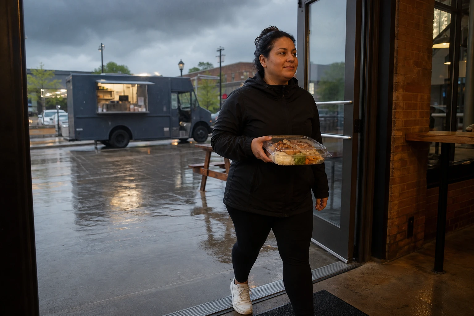 Customer carrying a filled takeaway meal into a permanent market entrance while rain falls around a food truck