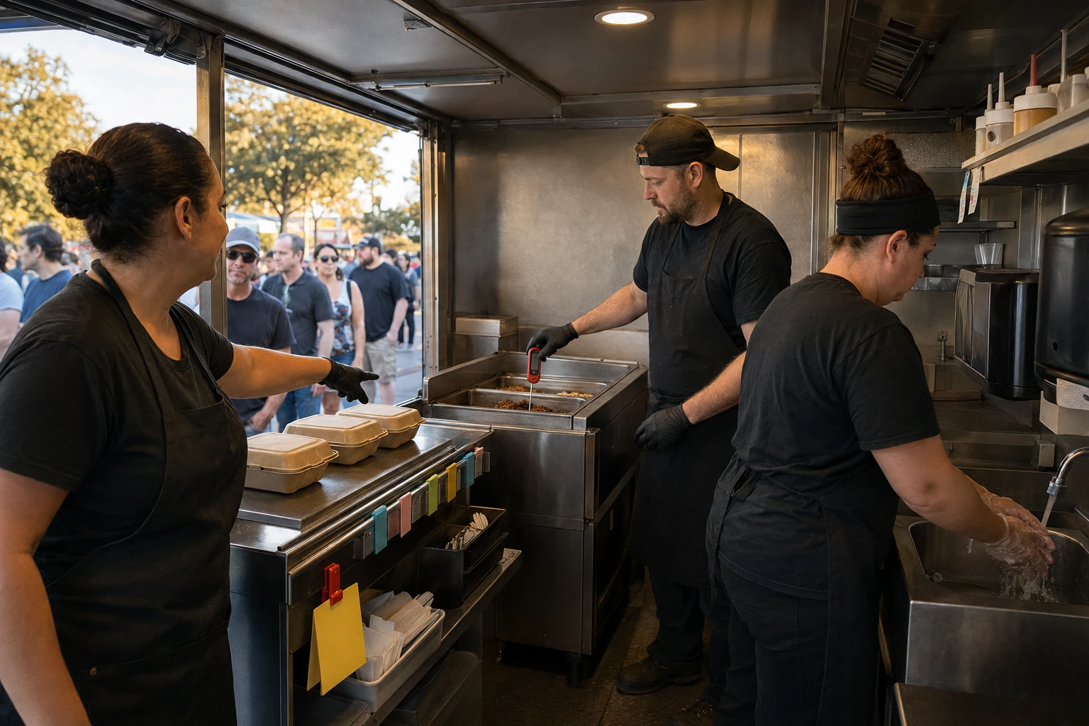 Outgoing food-truck worker points to covered orders while the incoming worker checks hot holding with a probe thermometer