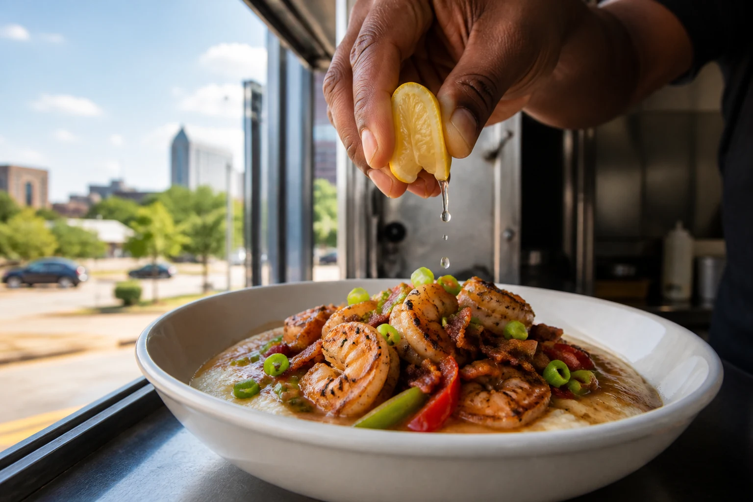 A finished bowl of shrimp and grits with bacon, scallions and bell pepper as lemon is squeezed over it