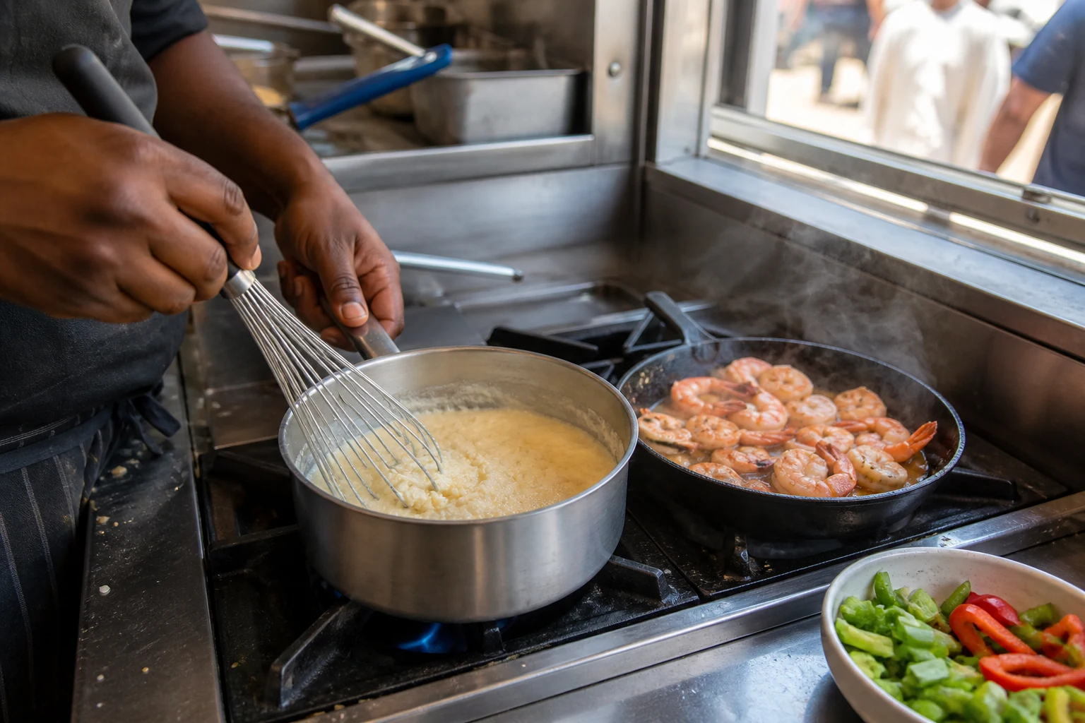 A cook whisking creamy grits while shrimp sear in a separate skillet inside a food-truck kitchen