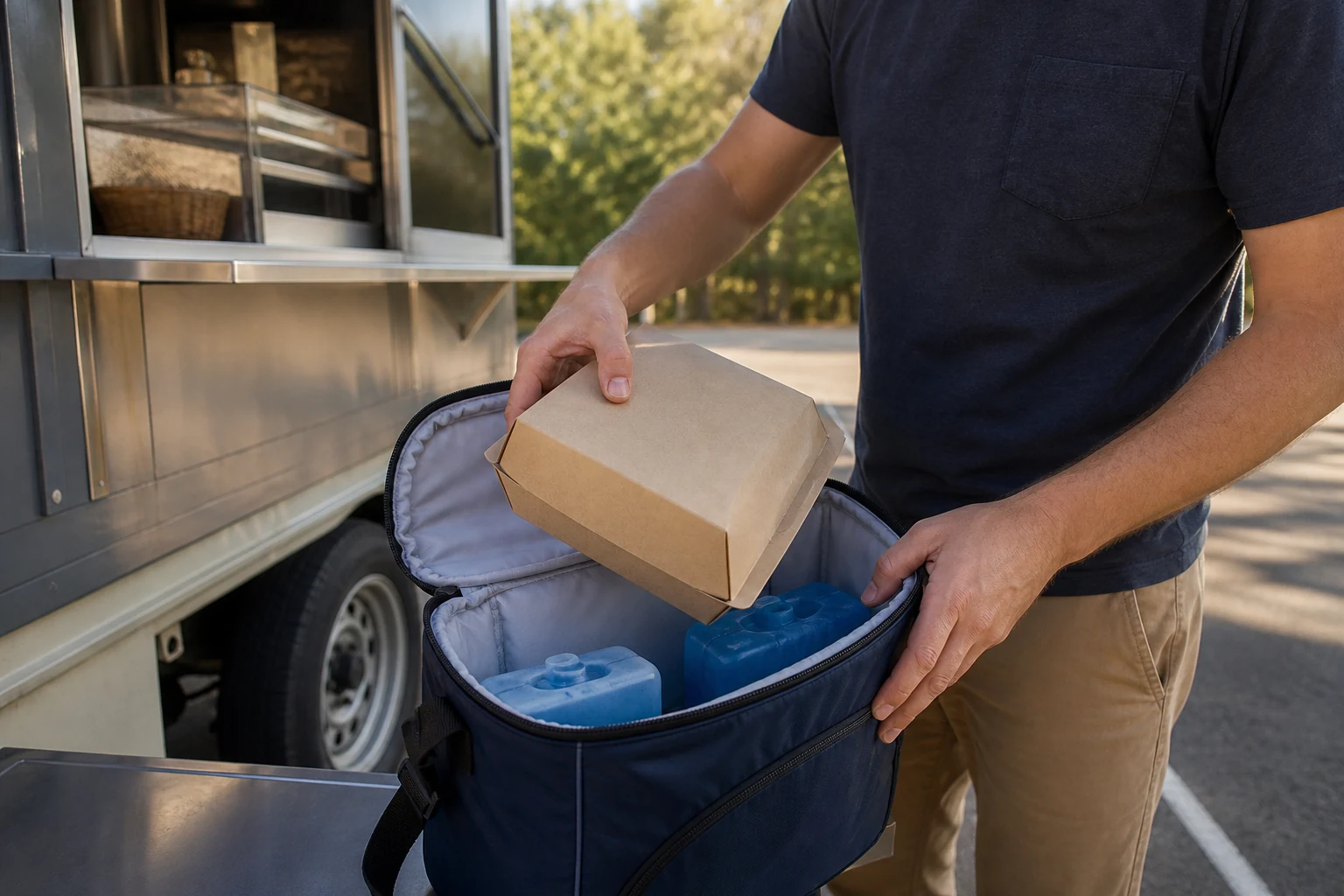 A customer placing a closed food-truck takeaway container into a cooler bag with cold packs